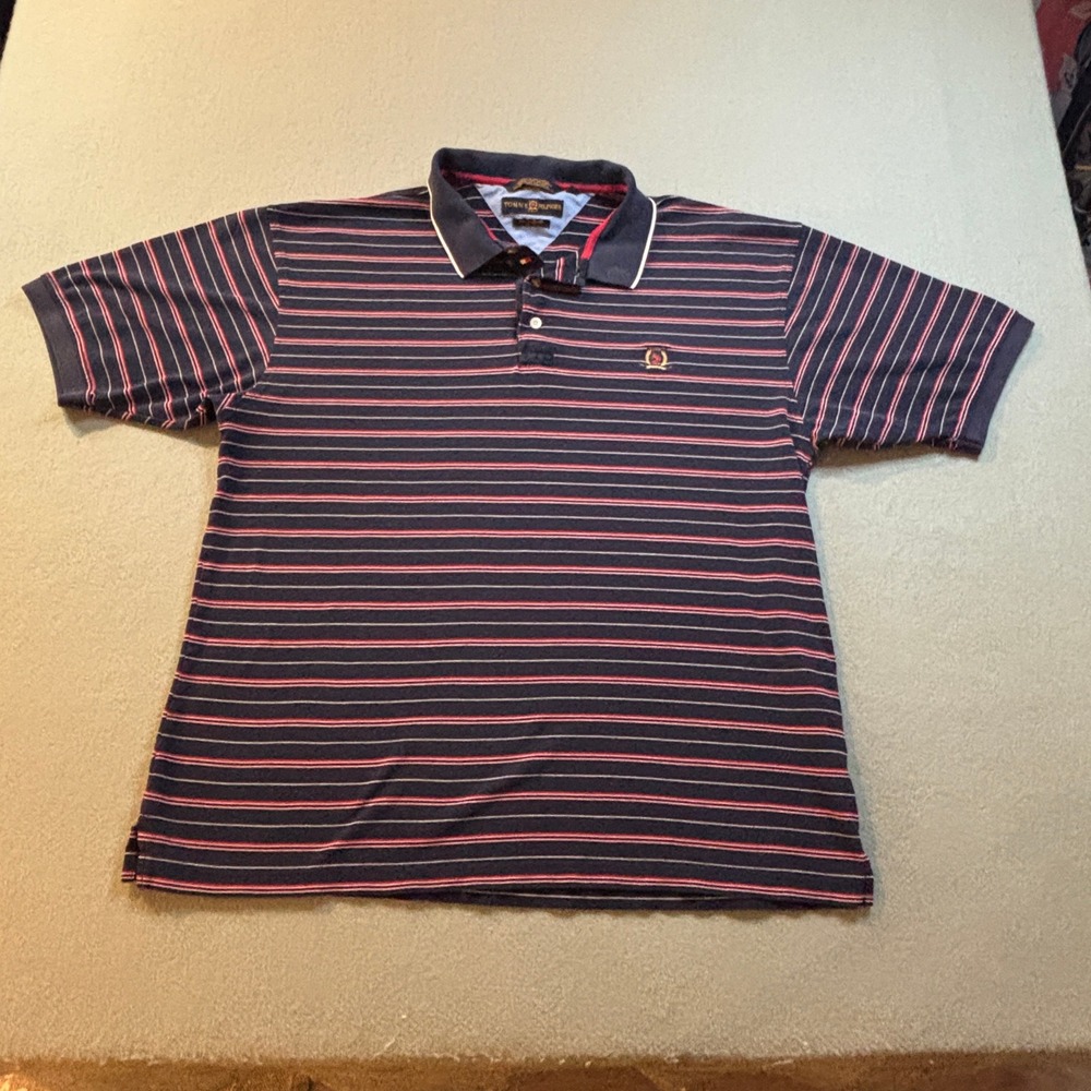 VTG Tommy Hilfiger Golf Polo Shirt Mens L Navy Striped Mercerized Cotton Y2K